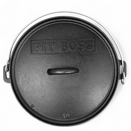 Pit Boss 14-inch Cast Iron Dutch Oven with its lid on, viewed from the top