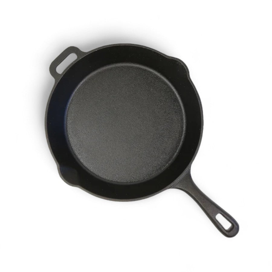 Top-down view of the Pit Boss 14-inch Cast Iron Skillet, showcasing its wide cooking surface