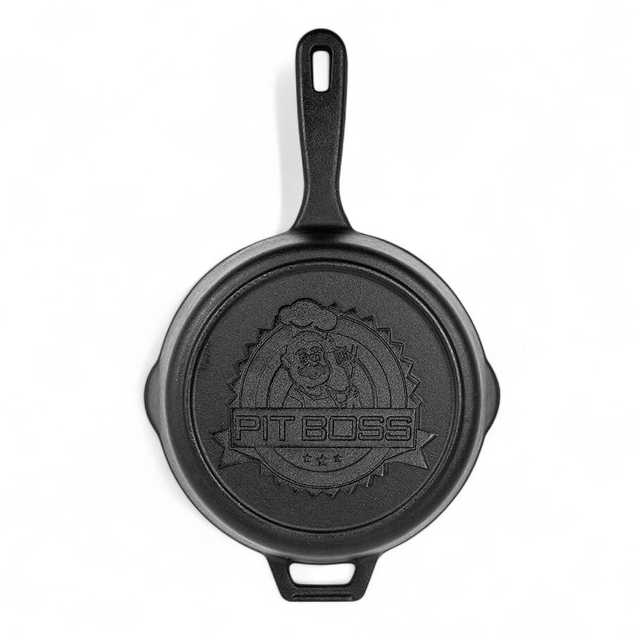 Pit Boss 14-inch Cast Iron Deep Skillet with its lid on, viewed from an angle