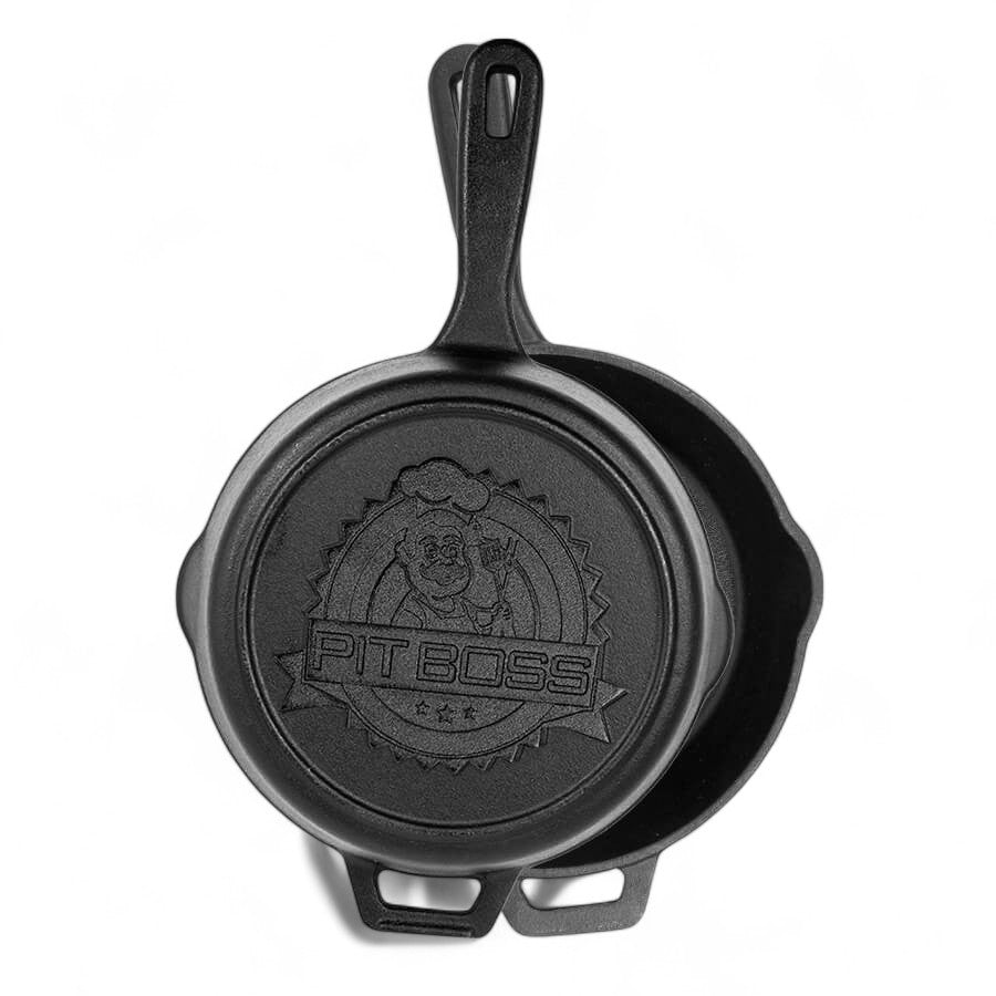 The lid of the Pit Boss 14-inch Cast Iron Deep Skillet, showing the embossed logo