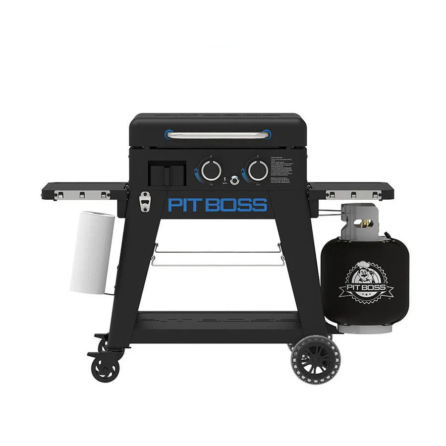 Pit Boss 2-Burner Ultimate Lift-Off Griddle – front view with propane tank and paper towel holder
