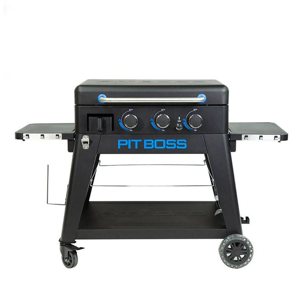 Front view of the Pit Boss 3-Burner Ultimate Lift-Off Griddle with closed lid and control knobs visible