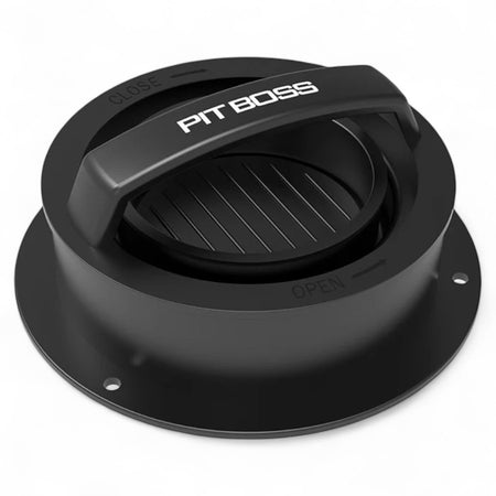 Pit Boss 3-in-1 Burger Press, a black round tool with a handle, used for shaping burger patties
