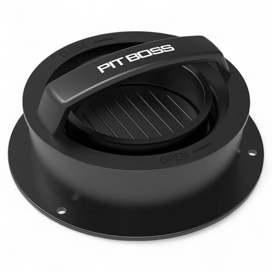 Pit Boss 3-in-1 Burger Press, a black round tool with a handle, used for shaping burger patties