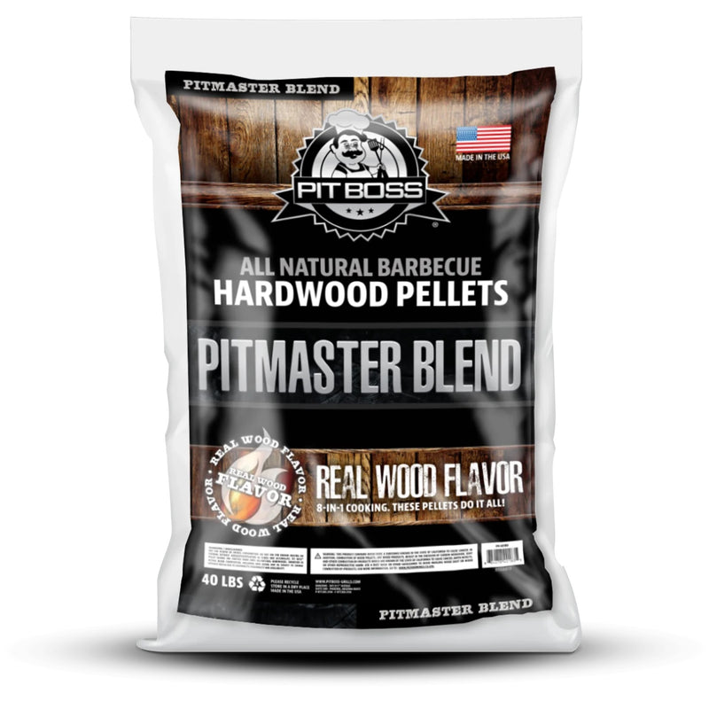 Pit Boss 40 lb Pitmaster Blend Hardwood Pellets bag with maple, hickory, and cherry wood
