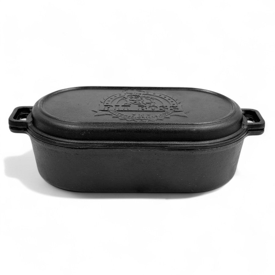 Pit Boss 6-quart Cast Iron Roaster with lid, angled view showing the textured surface