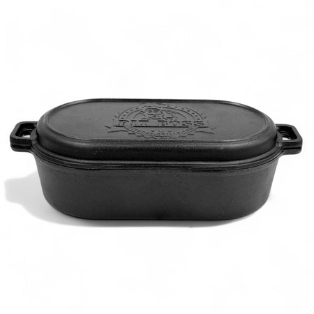 Pit Boss 6-quart Cast Iron Roaster with lid, angled view showing the textured surface