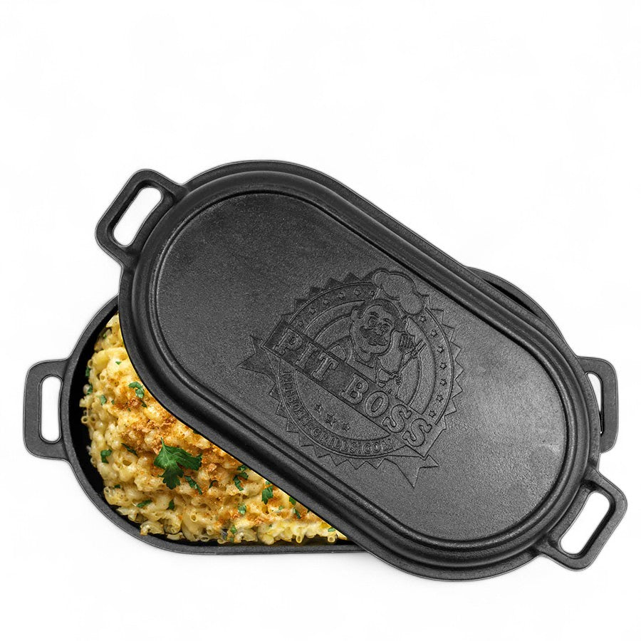 Pit Boss 6-quart Cast Iron Roaster, side view, highlighting its depth and sturdy handles