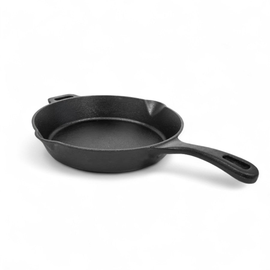 Side view of the Pit Boss 8-inch Cast Iron Skillet, showcasing its depth and side helper handle.