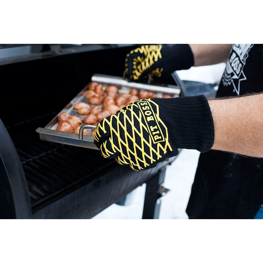 Black heat-resistant grilling glove with a textured palm