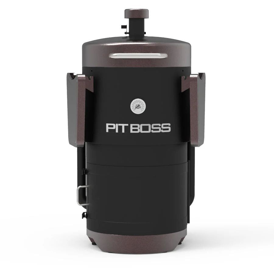 Front view of the Pit Boss Charcoal Barrel Smoker Mahogany with both side shelves folded down.