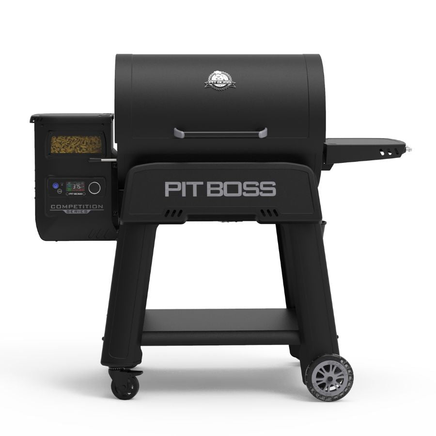 Pit Boss Competition Series 1250 Wood Pellet Grill with lid closed, showing its sturdy design, digital control panel, and pellet hopper for precise temperature control.