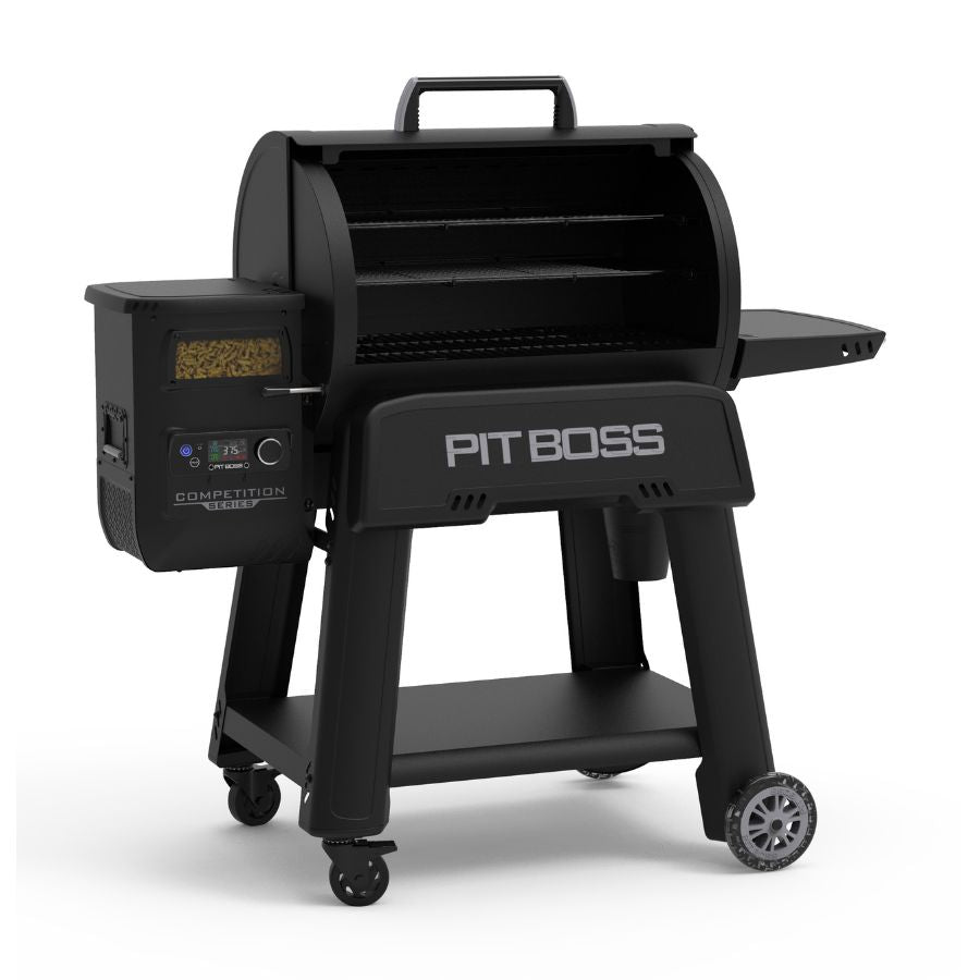 Left side view of the Pit Boss Competition Series 1250 Wood Pellet Grill with the lid open, showcasing ample cooking space, porcelain-coated grates, and a large-capacity pellet hopper.
