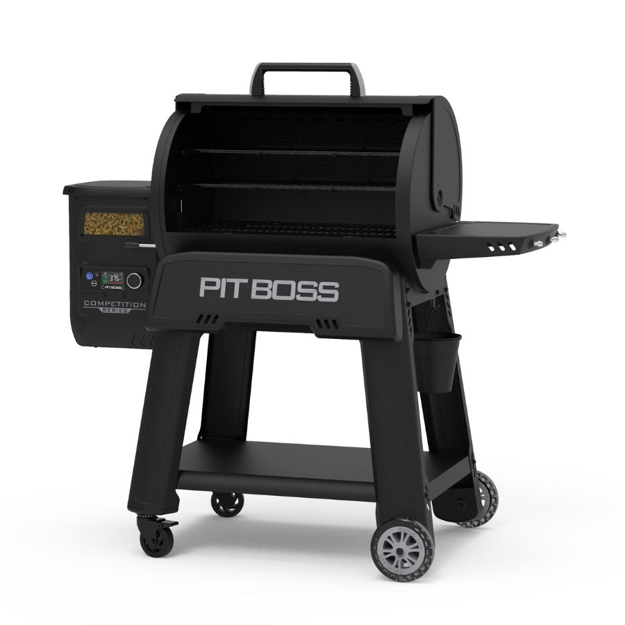 Pit Boss Competition Series 1250 Wood Pellet Grill with the lid open, right-side view, revealing spacious cooking grates, dual-tier racks, and an easy-access side shelf for grilling convenience