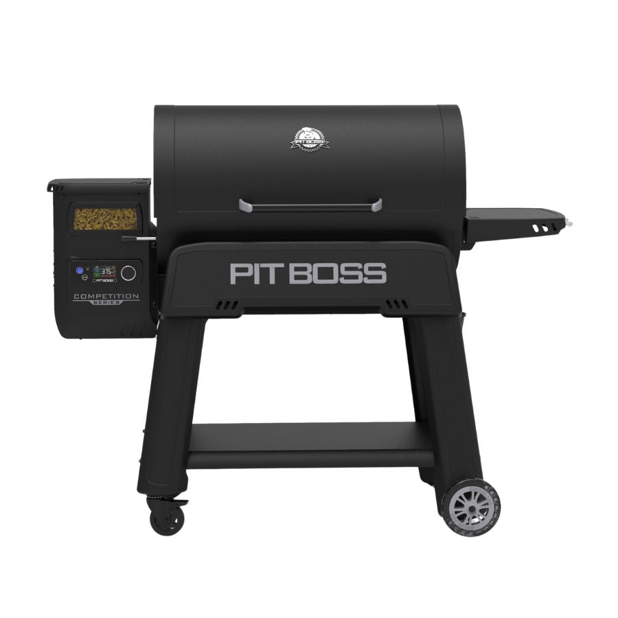 Full front view of the Pit Boss Competition Series 1600 Wood Pellet Grill, featuring its sturdy build and modern black design.