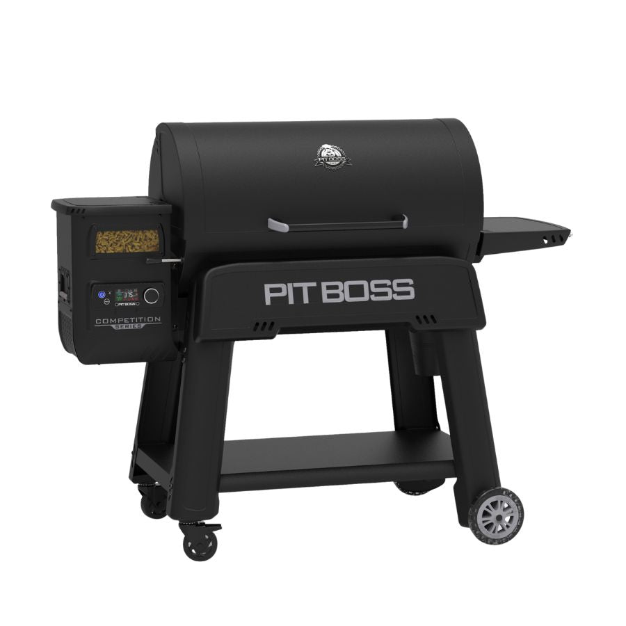 Side view of the Pit Boss Competition Series 1600 Wood Pellet Grill, showcasing the hopper filled with wood pellets.