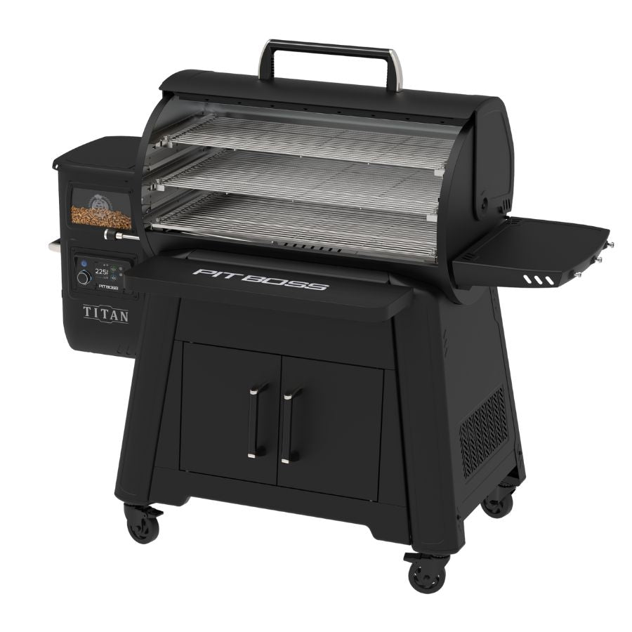 nterior of the Pit Boss Competition Titan Pellet Grill with spacious multi-tiered cooking racks, perfect for grilling, smoking, and roasting large meals.