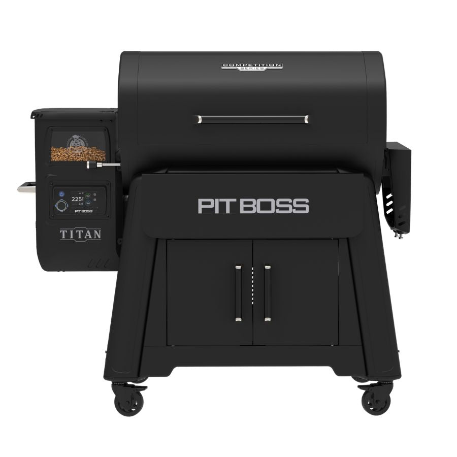 Close-up of the Pit Boss Titan Pellet Grill front branding, showing the "Pit Boss" logo, pellet hopper, and user-friendly temperature control display.