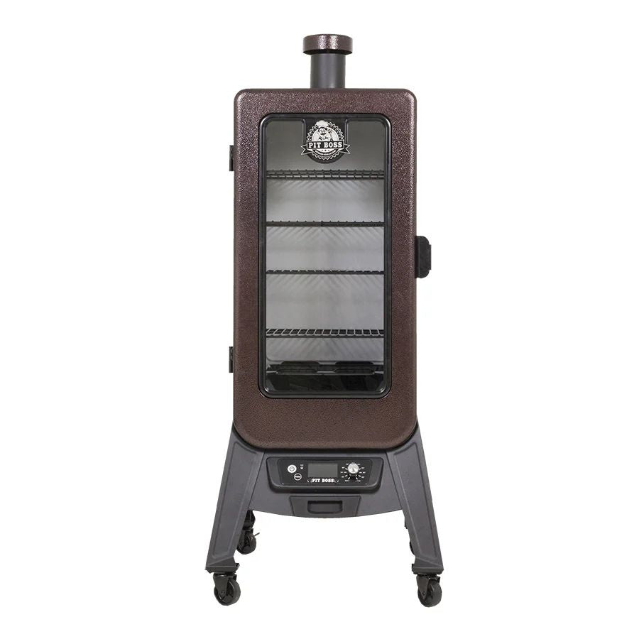Front view of the Pit Boss Copperhead 3-Series Wood Pellet Smoker with a glass viewing window and control panel.

