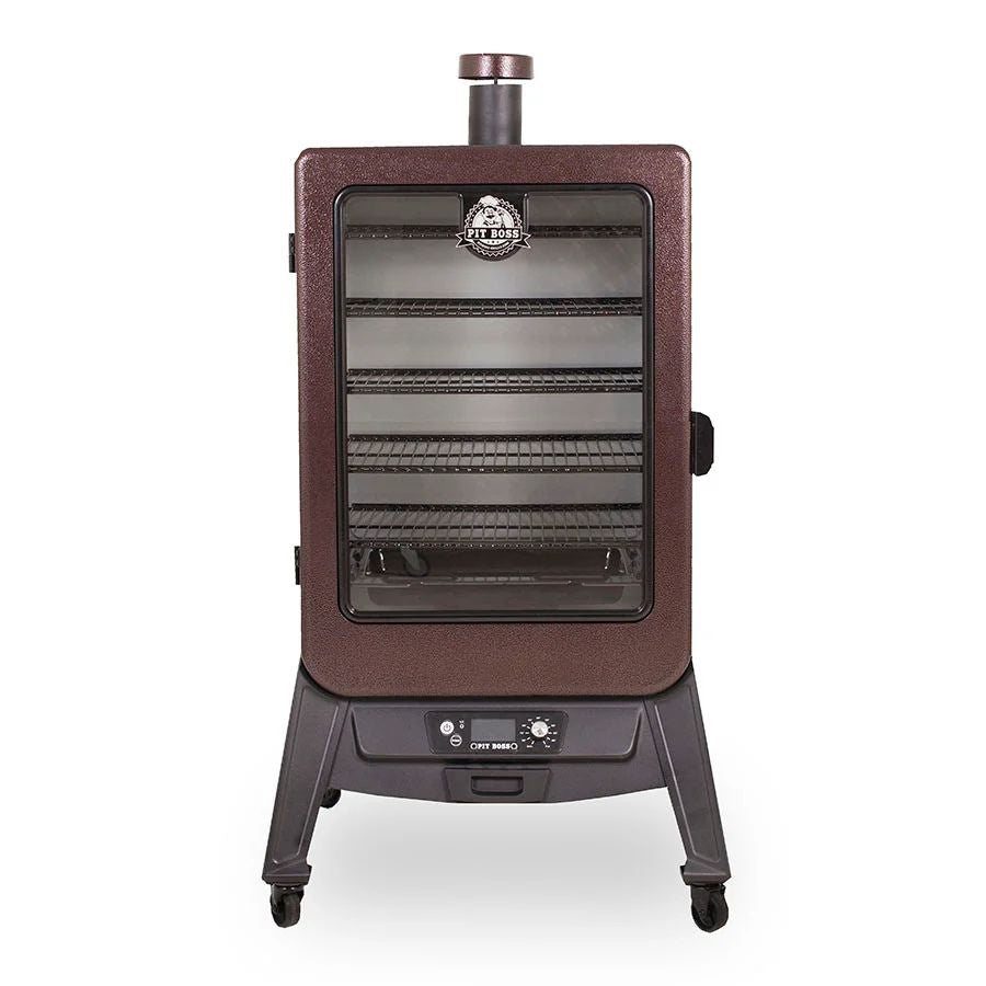 Front view of the Pit Boss Copperhead 5-Series Wood Pellet Smoker with glass door and digital control panel.

