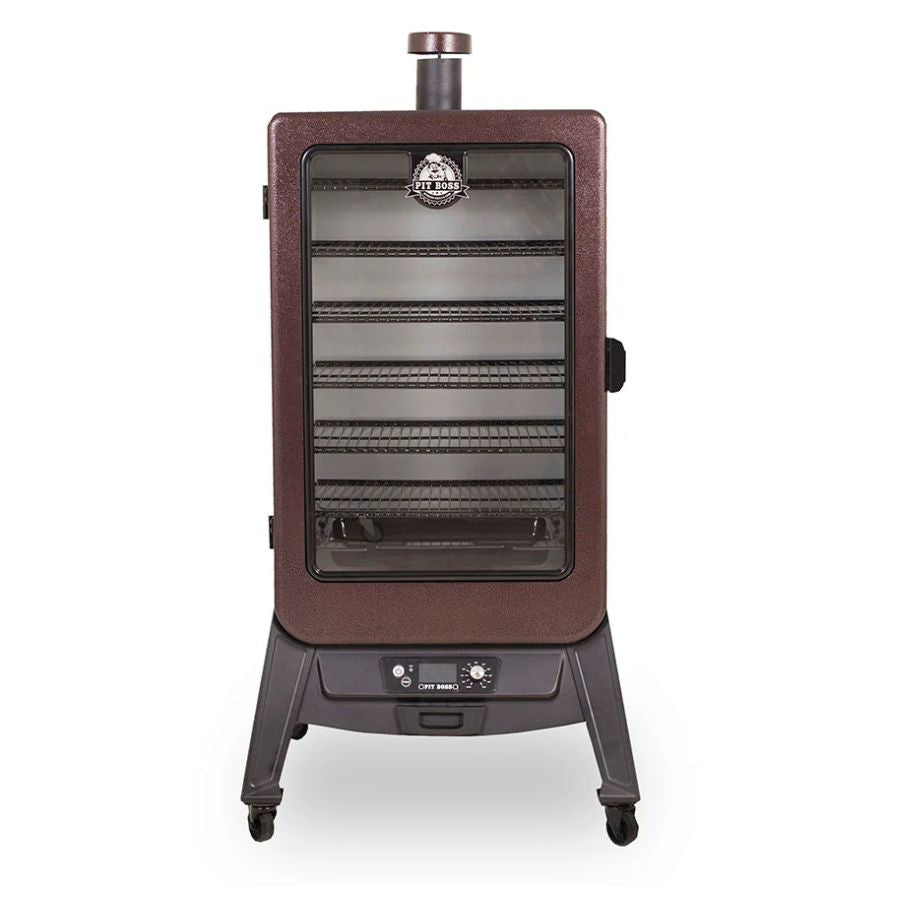 Front view of the Pit Boss Copperhead 7-Series Vertical Pellet Smoker with closed glass door and control panel.
