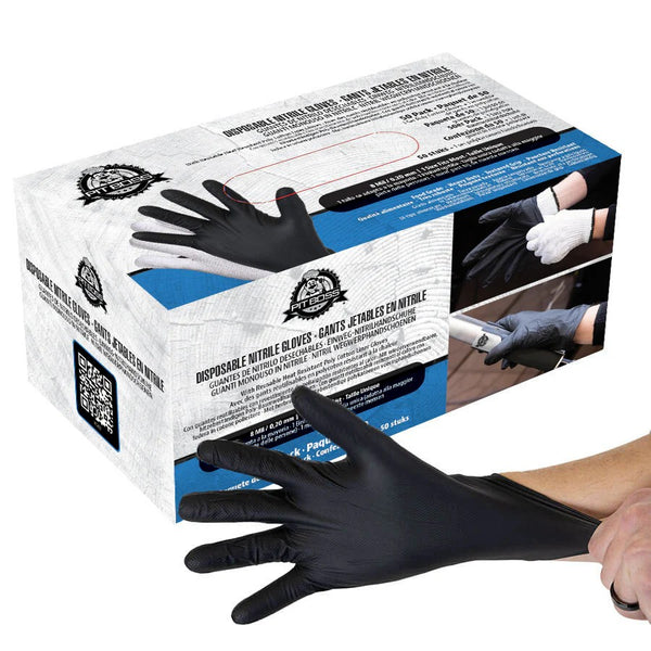 A box of Pit Boss Disposable Nitrile Gloves with Cotton Liners, showing both black nitrile gloves and white cotton liners.