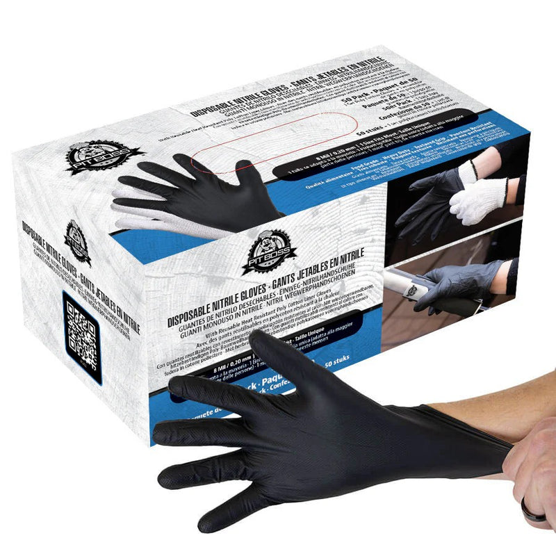 A box of Pit Boss Disposable Nitrile Gloves with Cotton Liners, showing both black nitrile gloves and white cotton liners.