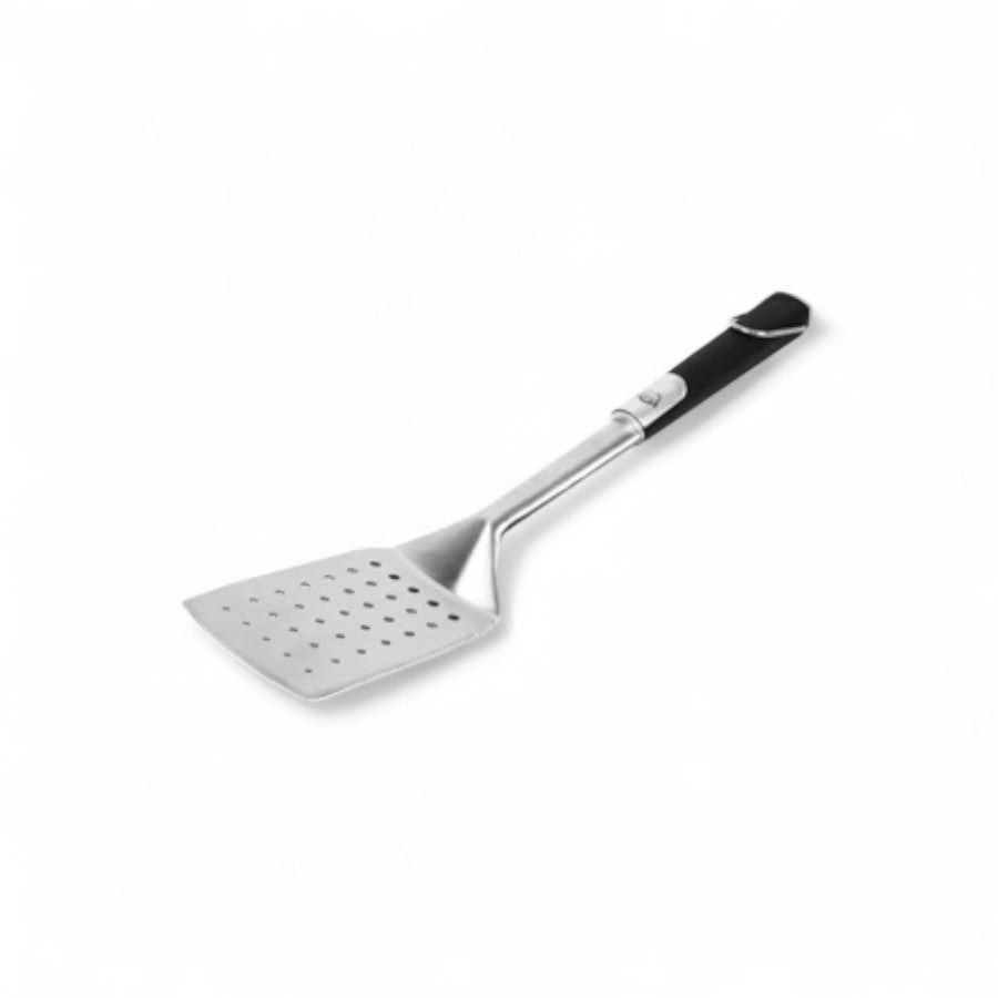 Pit Boss stainless steel perforated spatula with ergonomic black soft-touch handle