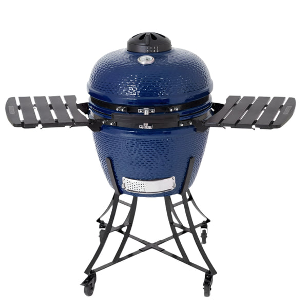 Front view of the Pit Boss K24 Ceramic Charcoal Grill, featuring a sleek blue ceramic body, foldable side shelves, and a sturdy metal stand with locking caster wheels.
