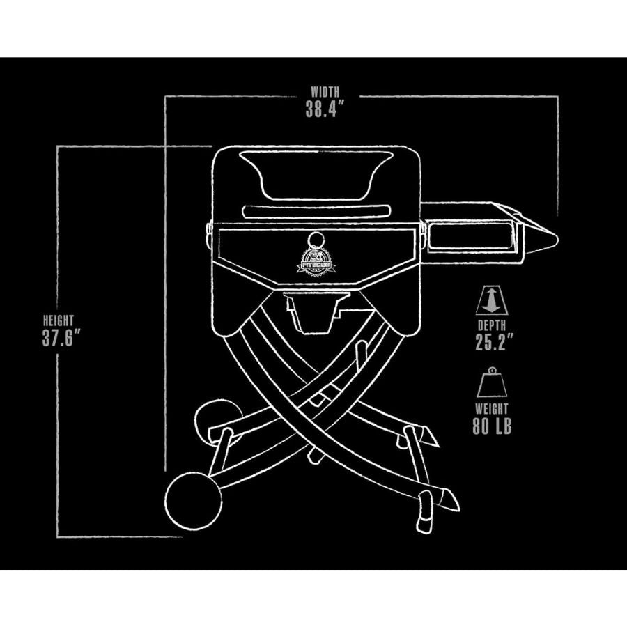 Diagram showing Pit Boss Mahogany 260 Portable Wood Pellet Grill dimensions and weight