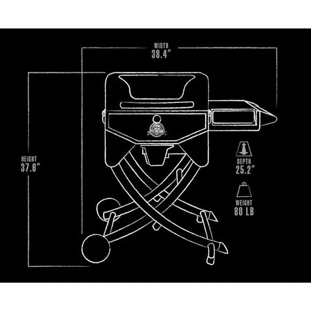 Diagram showing Pit Boss Mahogany 260 Portable Wood Pellet Grill dimensions and weight