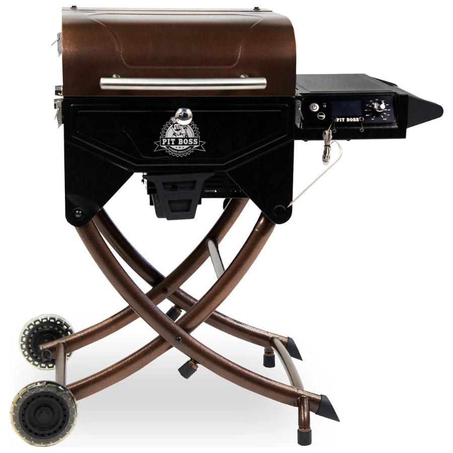 Front view of Pit Boss Mahogany 260 Portable Wood Pellet Grill with bronze lid and black body