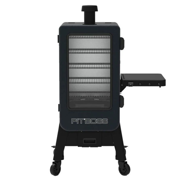 Front view of the Pit Boss Navigator 3 Series Vertical Pellet Smoker with door closed and viewing window.