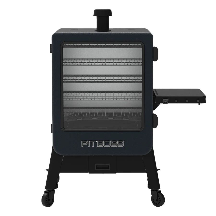 Front view of the Pit Boss Navigator 6 Series Vertical Pellet Smoker with closed door and clear viewing window.
