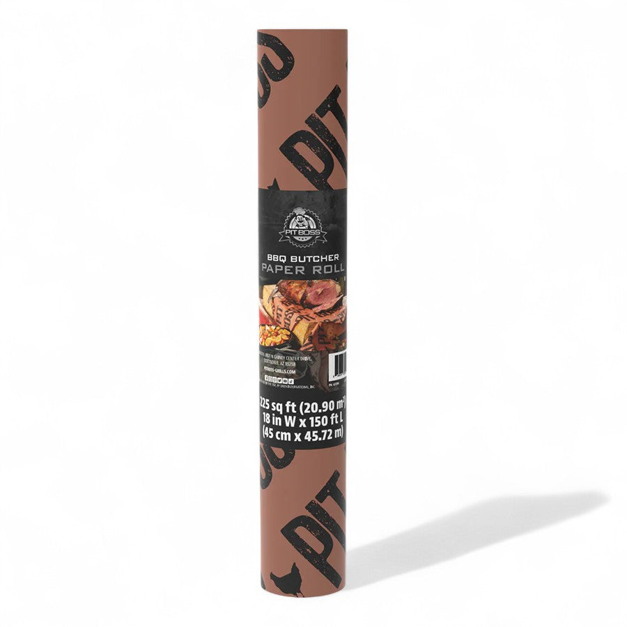 A roll of Pit Boss peach butcher paper, 18 inches by 150 feet, on a white background.