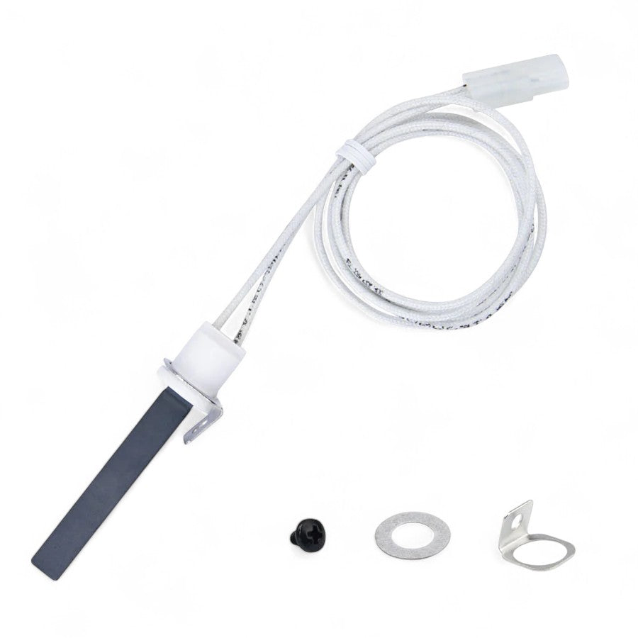 Pit Boss Retrofit Silicon Nitride Rapid Igniter kit, including the igniter, retainer clip, and screw, in a studio shot