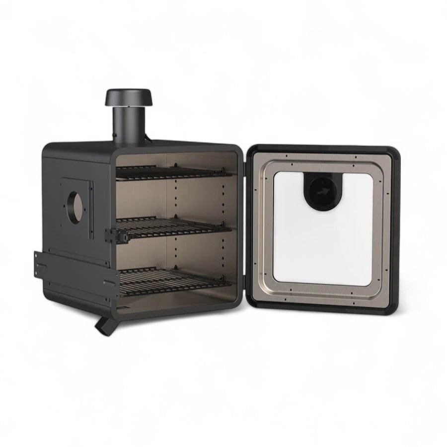 Angled view of the Pit Boss Side Smoker Attachment, highlighting its robust construction and side handle