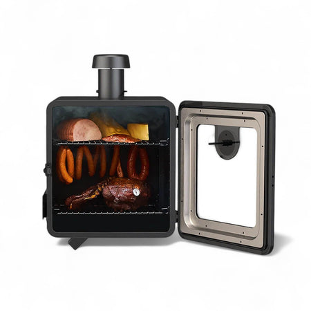 The interior of the Pit Boss Side Smoker Attachment with food smoking on the grates