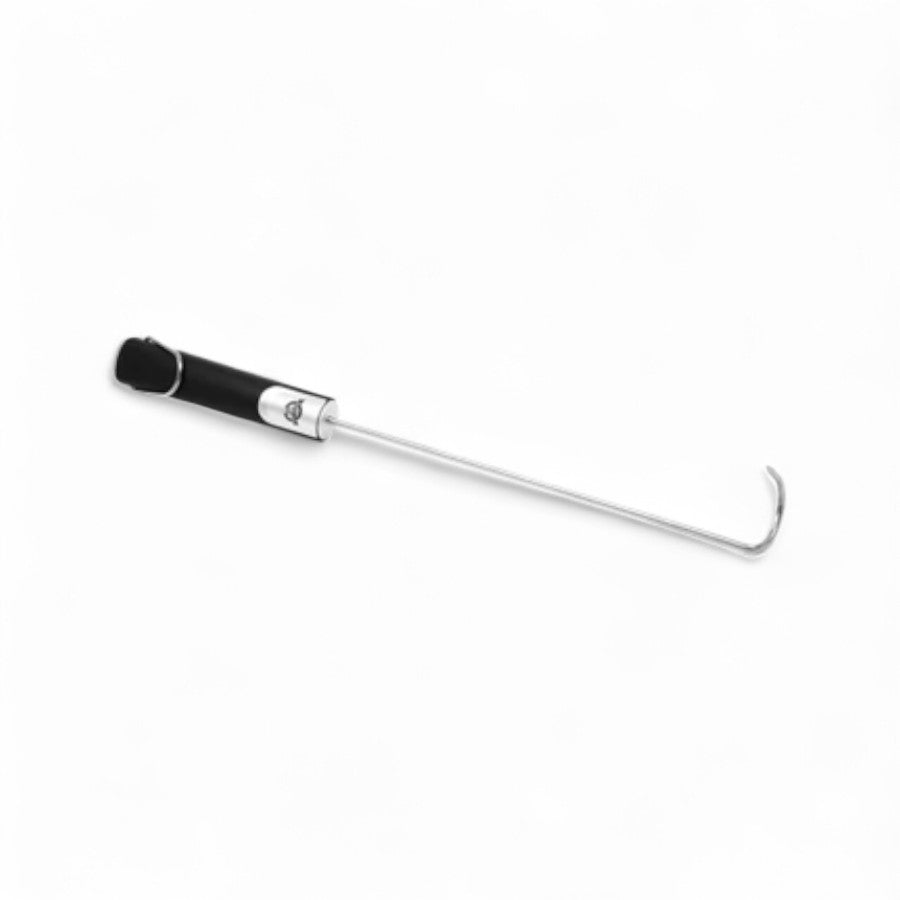 Pit Boss BBQ Pig Tail, a stainless steel turner with a hooked end and black soft-touch handle