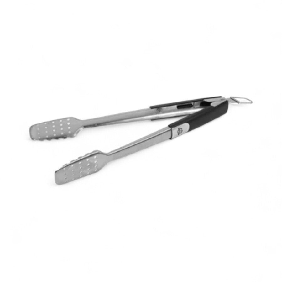 Pit Boss Soft Touch BBQ Tongs, made of stainless steel with black soft-grip handles.
