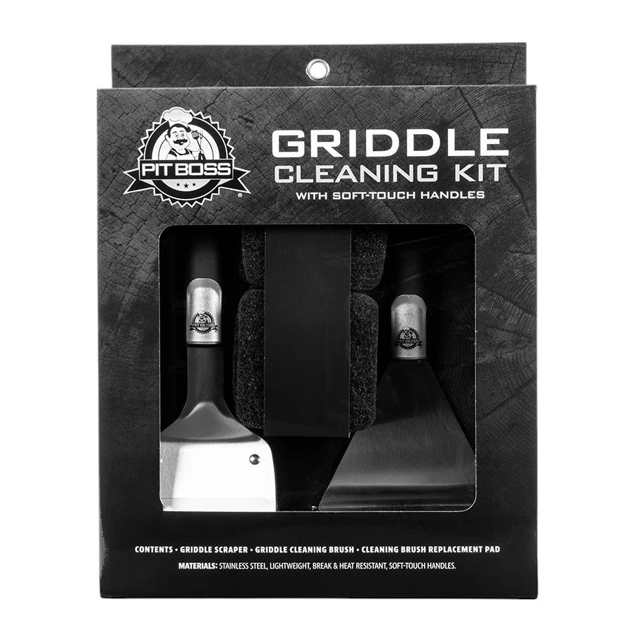 Here are 5 alt text options and 5 file names for the Pit Boss Soft Touch Griddle Cleaning Kit:

Alt Text Options:

Pit Boss Soft Touch Griddle Cleaning Kit, including a handle with scrubbing pads and a scraper