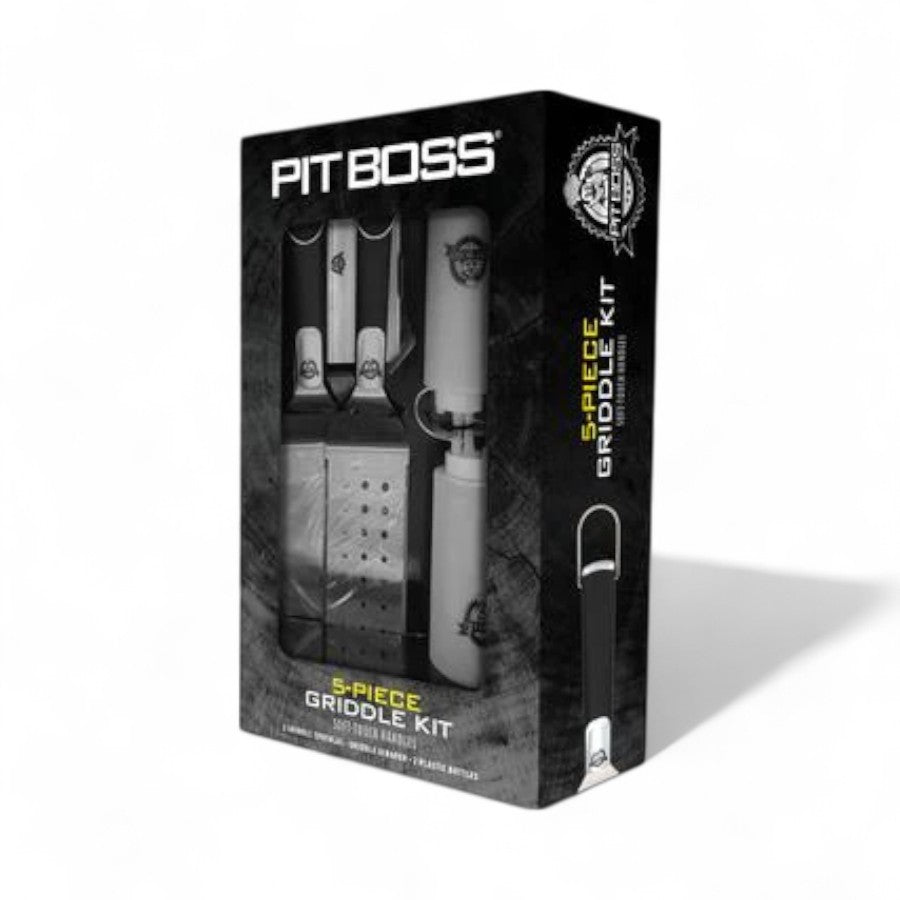 Pit Boss griddle tool set with black soft-touch handles and blue accents