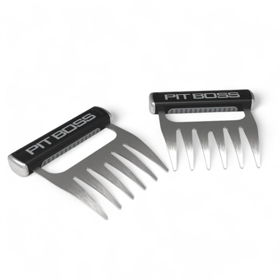 A pair of Pit Boss Soft Touch Meat Claws with stainless steel tines and black handles, arranged diagonally on a white background