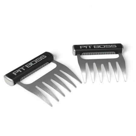 A pair of Pit Boss Soft Touch Meat Claws with stainless steel tines and black handles, arranged diagonally on a white background