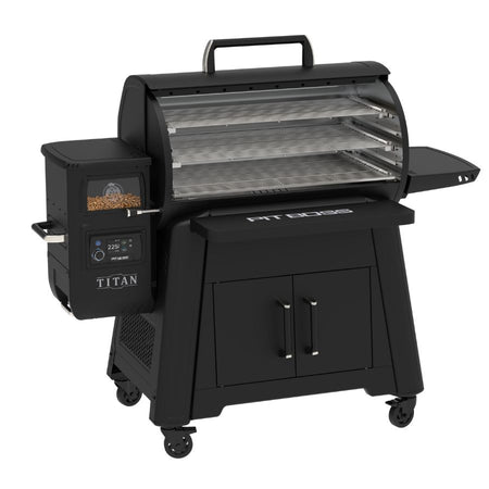 Pit Boss Titan Competition Series pellet grill with the lid open, displaying multiple stainless steel cooking racks for versatile grilling and smoking.