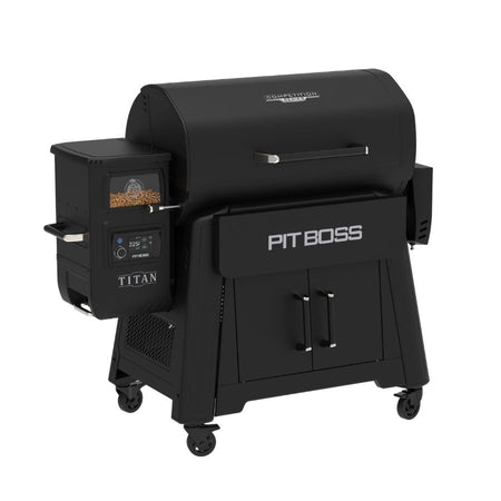 Angled view of the Pit Boss Titan Wood Pellet Grill, highlighting the durable steel construction, digital control panel, and side shelf for food prep.