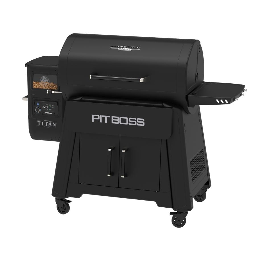  Side view of the Pit Boss Competition Series Titan Wood Pellet Grill, showcasing the large cooking chamber, pellet hopper, and sturdy cabinet base.