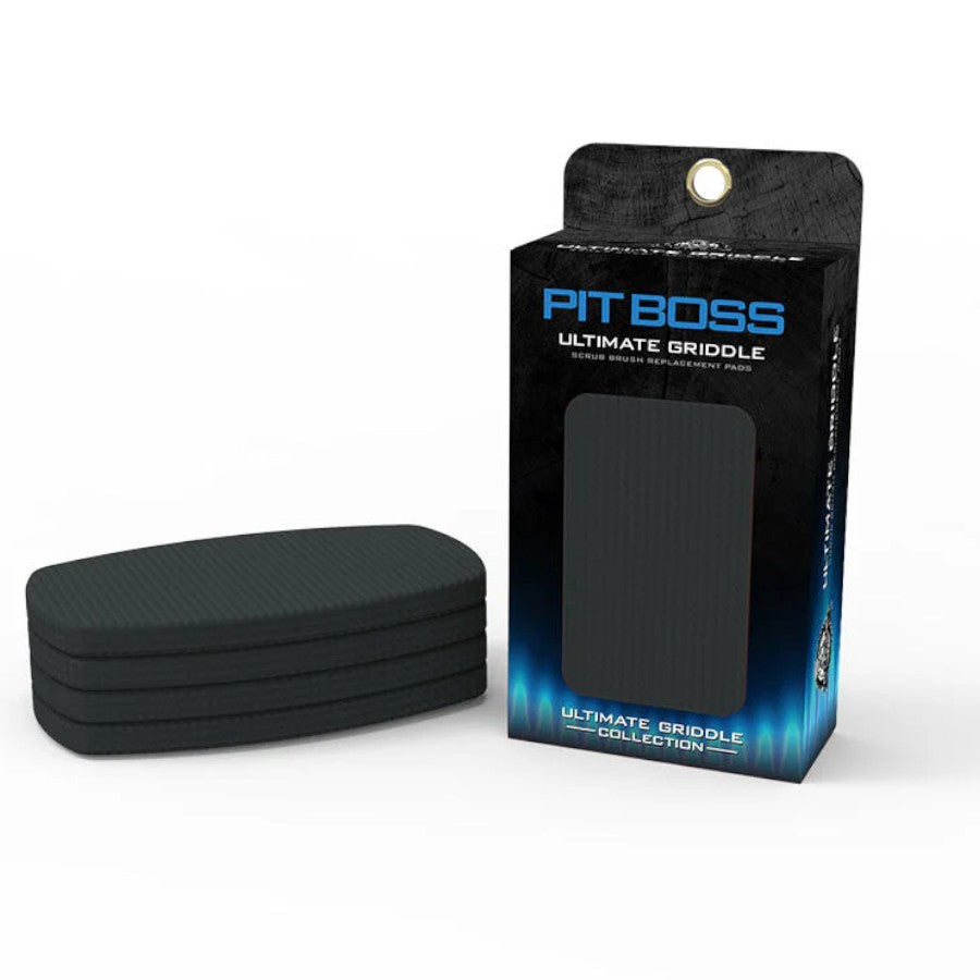 Two black replacement scrubbing pads from Pit Boss's Ultimate Griddle Collection, ideal for cleaning griddle surfaces