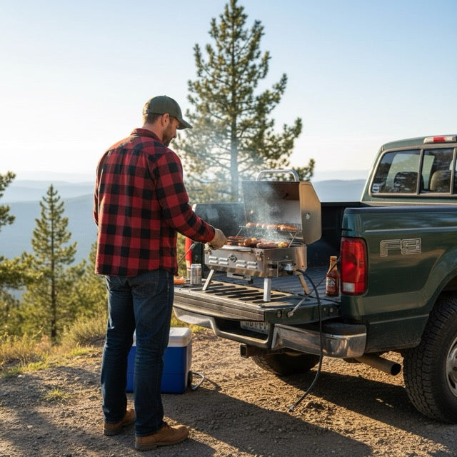 Portable gas grill used for outdoor cooking at a campsite and tailgate setting
