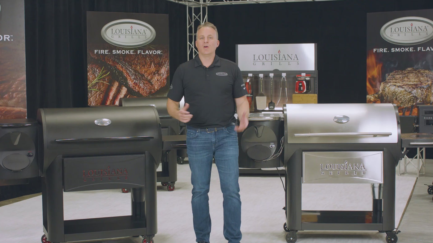 Louisiana Grills Founders Series comparison video showcasing the differences between the Premier and Legacy models. Highlights include key features, stainless steel construction, temperature control, cooking versatility, and wood pellet grilling performance for both models.